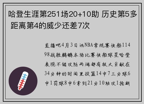 哈登生涯第251场20+10助 历史第5多 距离第4的威少还差7次