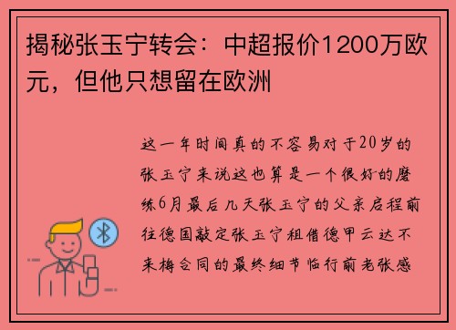 揭秘张玉宁转会：中超报价1200万欧元，但他只想留在欧洲