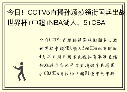 今日！CCTV5直播孙颖莎领衔国乒出战世界杯+中超+NBA湖人，5+CBA